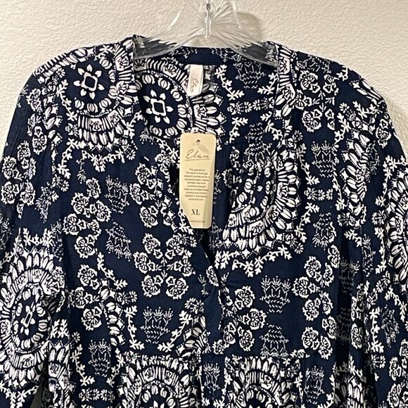 NWT ELAN "Charli" Mini Dress Bell Sleeve Tiered Paisley Navy Woman Size XL - Picture 6 of 9